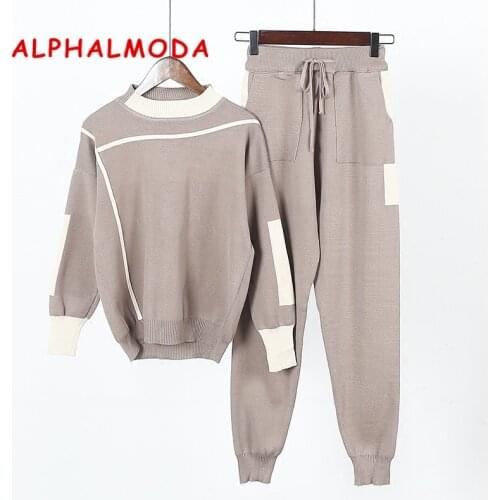 ALPHALMODA 2017 Women Pants and Sweater 2pcs Suits Striped Sporty Knitted Trousers and Jumper Tops Winter 2pcs Casual Sets