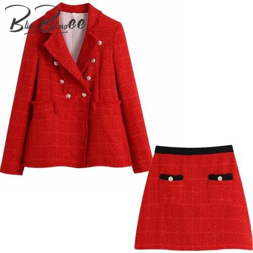 BlingBlingee Za 2021 Autumn Winter Woman Traf Outfits Female Tweed Woolen Slim Blazers + Mini Skirt Suits Casual 2 Piece Sets