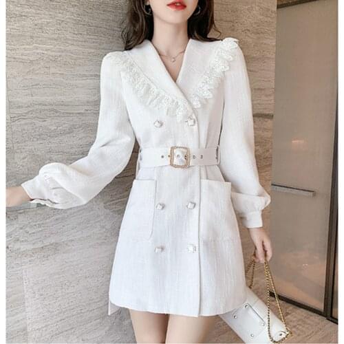 2021 New Women Tweed Vintage Woolen White Dress Elegant Double Breasted OL Winter Long Sleeve Vestidos