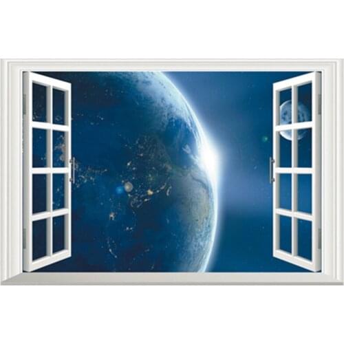Outside the fake window Earth Moon 3d vinyl wall stickers home decoration Galaxy starry stars scenery poster wallpaper 60*40cm