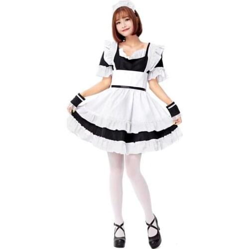 Black White Women Halloween Japanese Maid Costumes Female Housekeeper Waitress Cosplay Purim Nightclub Bar Role Play Party Dress