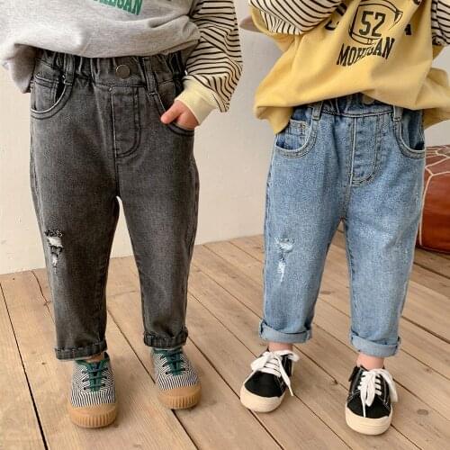 Childrens Denim Pants Boys Stretch Jeans Kids Ripped Holespants Korean Style 2021 New Korean Loose Straight Denim Pants Jeans