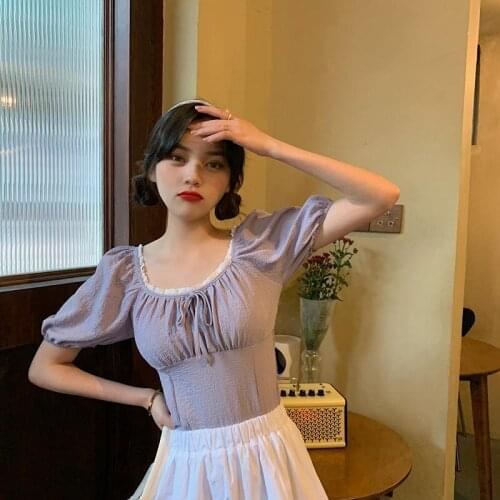 Women Blouse Shirt Lace Stitching Puff Sleeve Chiffon Short Summer Short Sleeve Top for Women Blusas Ropa De Mujer