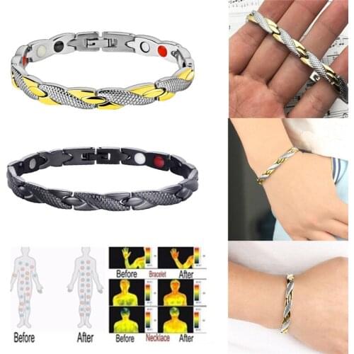 Healing Magnetic Bracelet Men/Woman Stainless Steel Health Care Elements(Magnetic,FIR,Germanium) Gold Bracelet Hand Chain
