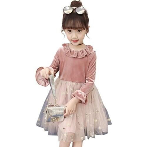Girls fashion new gold velvet dress Girl long sleeve mesh dress Girl stitching lace dress Girl embroidered dress