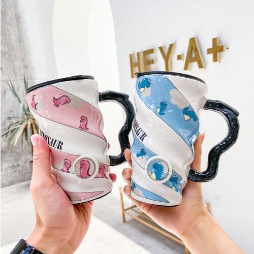 Cartoon Dinosaur Thread Ceramic Mug Cup With Cover Large Capacity Creative Business Office Tea Plastic Water Bottle