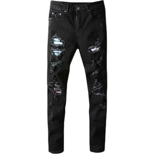 New mens male trousers High street style personality new custom patch ripped black jeans stretch slim slimming denim pants 661