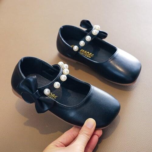 Princess Autumn Party Elegant School Shoes For Girls Child Dress For Kids Fashion Pearl Bow Black Leather Shoes 2021 3-12 Years