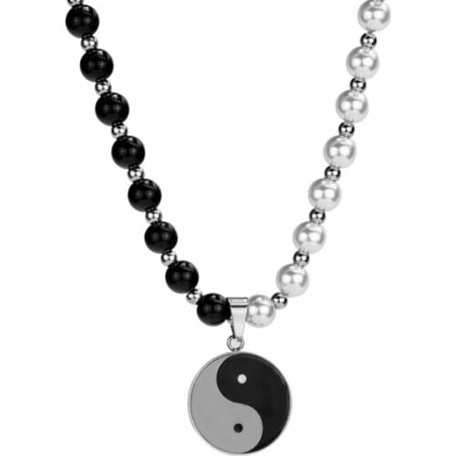 Stainless Steel Hip Hop Street Dance Yin and Yang Black White Pearl Pendant Necklace Men Women Best Statement Gift