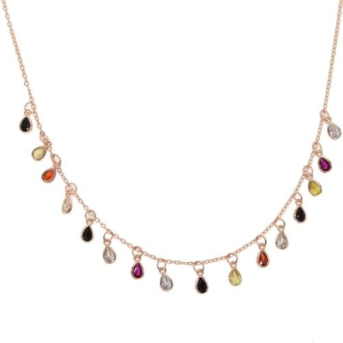 Colorful water drop cz charm Bohemia style statement necklace 35+10cm summer new rainbow CZ bead rose gold color chain