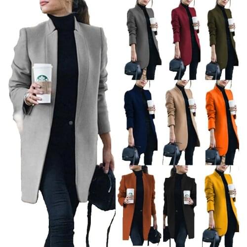 Women Plus Size Long Woolen Coat New Autumn Winter Warm Korean Elegant Vintage Coat Female Stand Up Collar Solid Trench Jacket