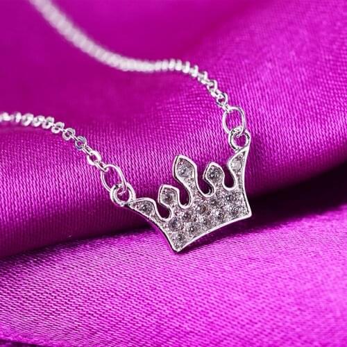 Real 925 Sterling Silver Crystal Crown Charm Pendant Choker Necklace For Girl Women Wedding Statement Female Jewelry Gift