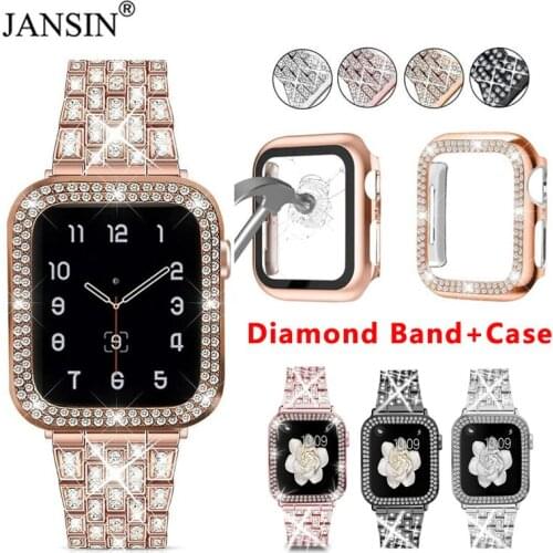 Women Band For Apple Watch Strap Diamond Case+Tempered Glass Cover+Diamond Metal Strap For Apple Watch Band 38mm 42mm 44mm 40mm