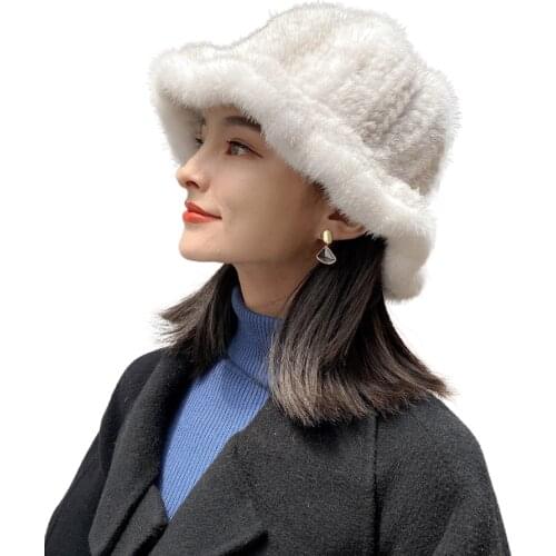 Ms.Minshu Women Luxurious Real Mink Fur Hat Hand Knitted Winter Head Warmer 100% Genuine Mink Fur Casual Hat Ruffled Brim