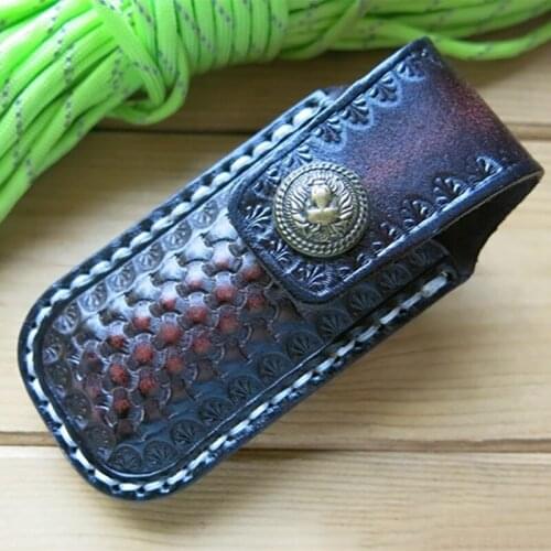 Top Quality Vegetable Tanned Leather Folding Pocket Knife Cowhide Scabbard Sheath Case Cover Belt Snake Skin Pattern Lion Buckle