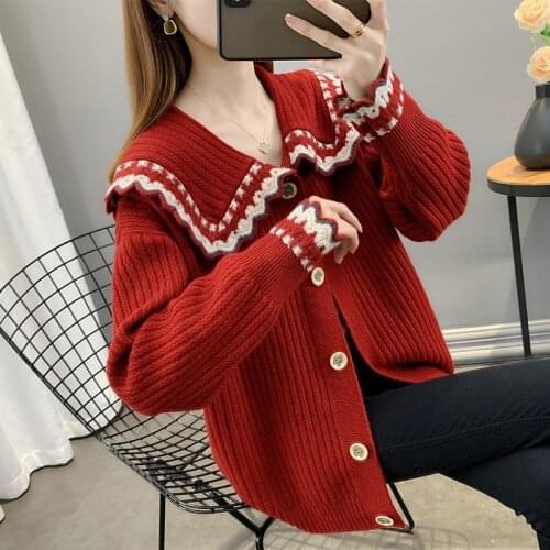 Spring Autumn 90s Girl Kawaii Sweater Knitting Cardigan Chic Doll Collar Floral Cuff Korean Style Sweet All-Match Women Coats