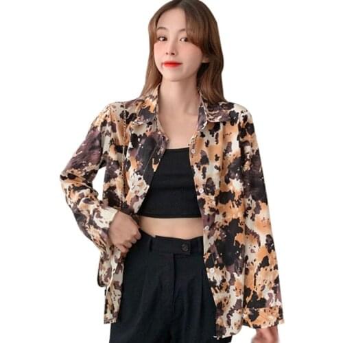 Women Turn-Down Collar Blouse Autumn Ink Painting Loose Mid-length Long-sleeved Blouse Top Long Sleeve Blouse