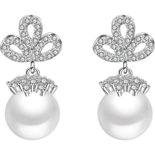 Hot Sell 2017 New Fashion Shiny Zircon Pearl Design 925 Sterling Silver Stud Earrings for Women Jewelry Christmas Gift Wholesale