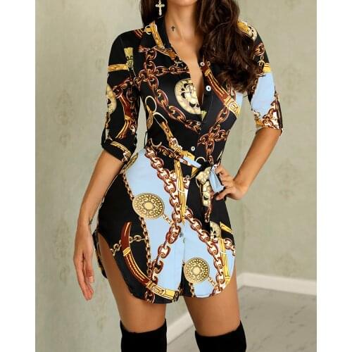 Summer Women Chain Print Belt Shirt Mini Dress 2021 Femme Vintage Long Sleeve V Neck Robe Lady Sexy Party Clothing Vestidos