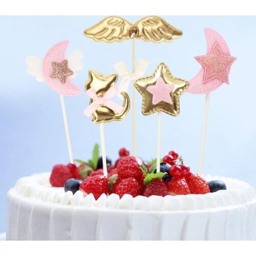 Gold Glitter Cake Topper Moon Stars Pink Angel Wings Cupcake Topper For Birthday Party Baby Shower Wedding Cake Decoration Tools