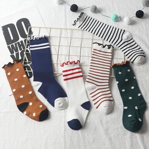Baby boy socks for new born Knee Hight Dot Strip Print Spring new cotton hosiery for children agaric lace heaps stripe dot socks