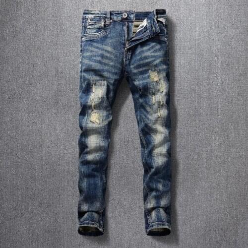 European Vintage Fashion Men Jeans Elastic Slim Fit Destroyed Ripped Jeans Men Retro Blue Embroidery Designer Cotton Denim Pants