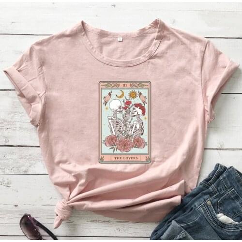 The Lovers Tarot Card Colored T-shirt Mystical Sun And Moon Witchy Skeleton Couple Top Fashion Women Valentines Day Gift Tshirt