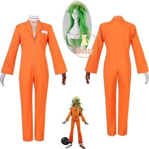 Detentionhouse Niko No.25 Nanbaka Cosplay Costume Green Wig Prison Nanba Orange Jumpsuit Detention House Adult Halloween Suit