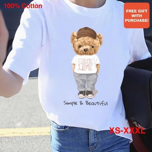 BLINGPAW Minimalist Graphics T-shirt Make Life Simple & Beautiful Teddy Bear Short-sleeved Tops Tees O-Neck Casual 100% Cotton