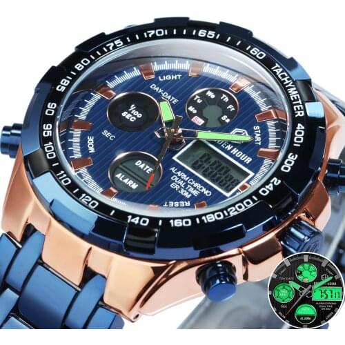 GOLDENHOUR Military Fashion Quartz Watch for Men Digital Wristwatches Stainless Steel Strap Top Brand Luxury Dual Display 2021