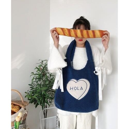 Soft Plush Tote Bag Women HOLA Embroidery Casual Shopper Bag Imitation Lamb Wool Shoulder Bag Bolsa Feminina Torebka Damska Sac