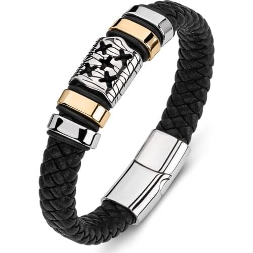 New Trendy Handmade Braided Leather Men Bracelets Punk Hip Hop Jewelry Stainless Steel Magnetic Clasp Bangles Birthday Gift P179