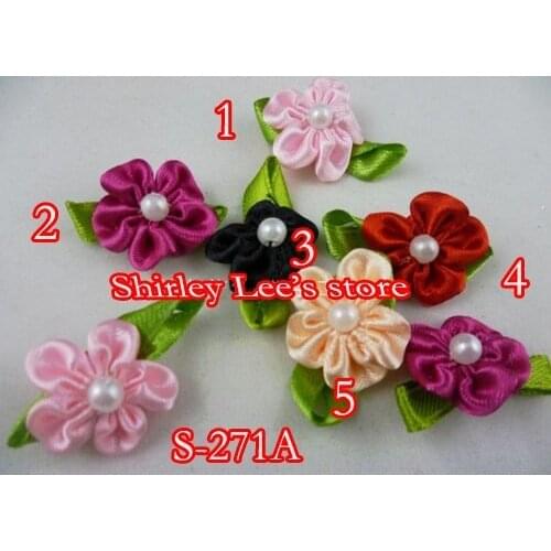 Wholesale -- 1700 X PRETTY 2CM MINI SATIN RIBBON FLOWER W/PEAL CENTER AND LVS, MIX 5 COLORS (S-271A)