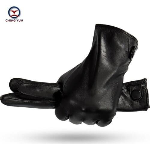CHINGYUN Winter man Sheep skin leather gloves male 70% wool knitted lining warm soft mens Arm sleeve black men leather mittens
