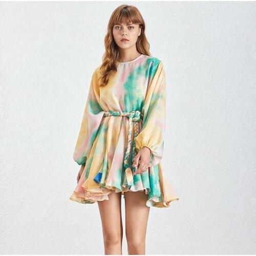 Patchwork Womens Dress Spring Irregular Hit Color O Neck Puff Sleeve Bandage Dresses Female Casual Fashion New