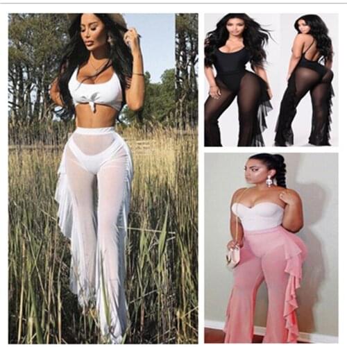 New Perspective of Lotus Edge Ladies'holiday Seaside Swimming Trunks Transparent Mesh Sunshade Pants Sexy Lady Swimming Trunks