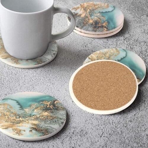 Marble Pattern Coasters Set of 6 Round Absorbent Stone Coaster Set with Ceramic Stone and Cork Base for Kinds of Cups
