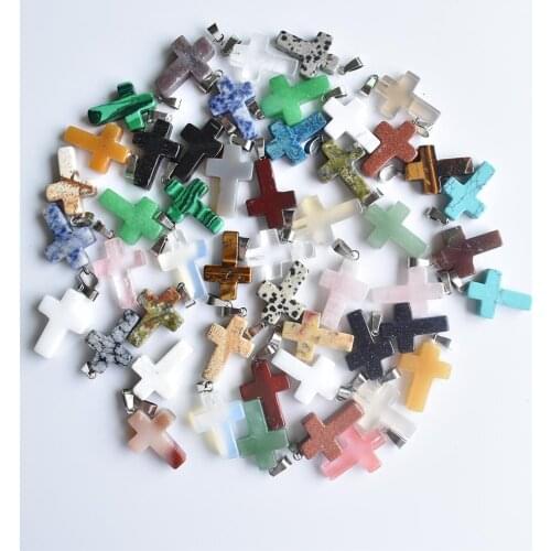 Fashion hot sell natural stone mixed color assort cross pendants Charms fit Necklaces jewelry making Wholesale 50pcs/lot