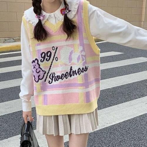 Korean Cartoon Casual Loose Knitted Jacquard Pullover Autumn Winter Sweet College Harajuku Cute V-Neck Vest Streetwear Clothes