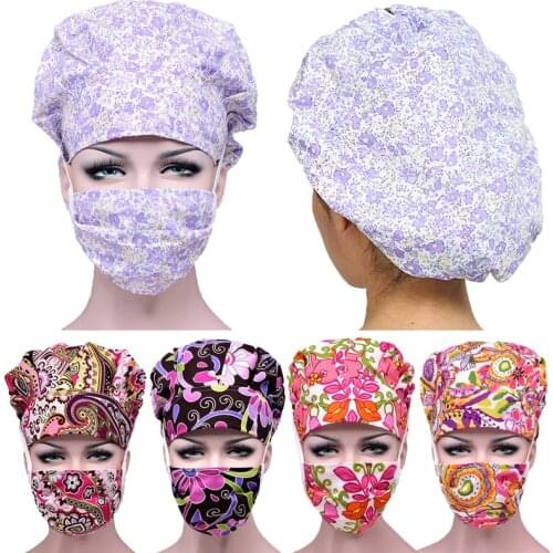 Women Scrub Caps Sets Two Piece Cotton Adjustable Sweatband Bouffant Hats Flower Printed Work Wear Washable Hats Accessories