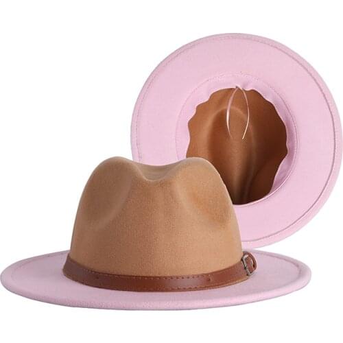 2021 New Hot Tan And Pink Wid Brim Jazz Church Fedora Hats 2 Two Tone Belt Autumn And Winter Vintage Panama Wedding Fedora Hat