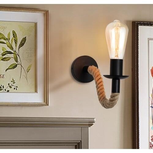 Vintage Hemp Rope Wall Lamp Wood Wall Lamp E27 220V Loft Corridor Bedside Lamp