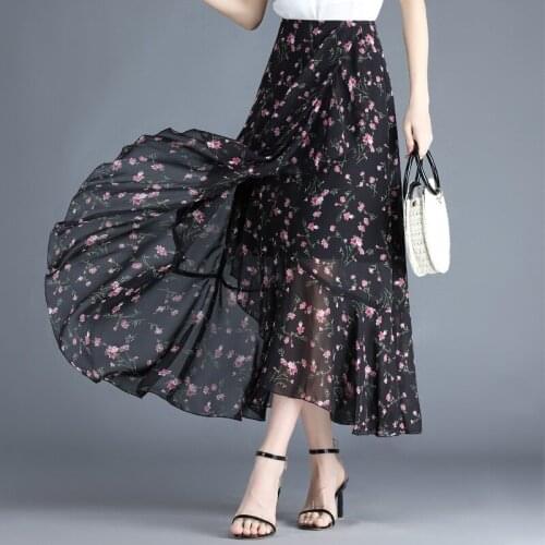 Women Elegant Chiffon Floral Splice Ruffles Plus Size Long Skirt Summer Female Loose High Waisted Casual Big Swing Skirts R958