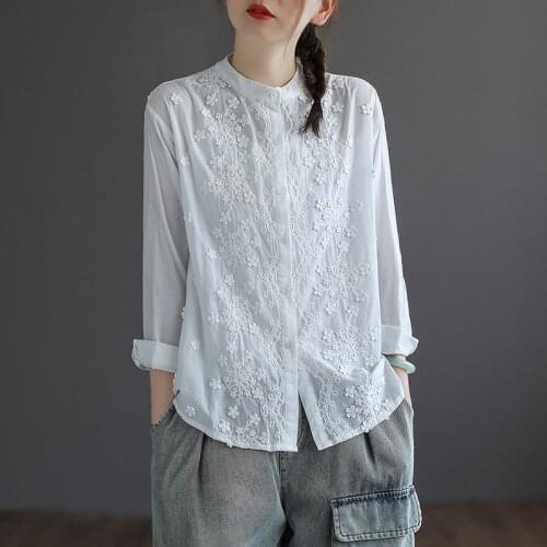 Johnature Women Cotton Shirts Stand Long Sleeve Three Dimensional Embroidery Loose Blouse 2021 Autumn New Solid Color Shirts