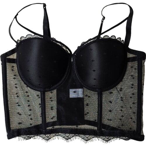 Womens Solid Black Lace Mesh Gauze Corset Bras Sexy 4 Fishbones Waist Training Cropped Tops for Female, Party Club Vest DB1055
