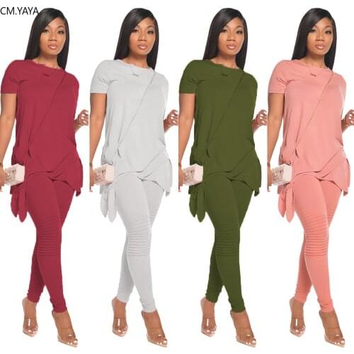 CM.YAYA Active Wear Solid Womens Set O-neck Bow Hem T-shirts Pencil Pants Suit Tracksuit Sporty Two Piece Set Fitness Outfit