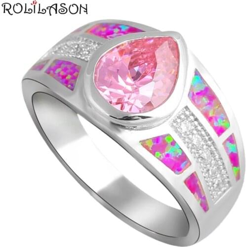 ROLILASO femme Pink Fire Opal stamped Silver Ring for women USA Sz #6#7#7.5#8#9 Pink Cubic zirconia Fashion Jewelry OR660