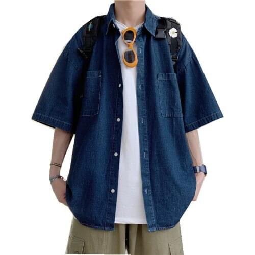 2021Mens Summer Denim Shirts Thin Short Sleeve Soft Cotton Shirt Men Pockets Slim Slight Elastic Jeans Cowboy Shirt