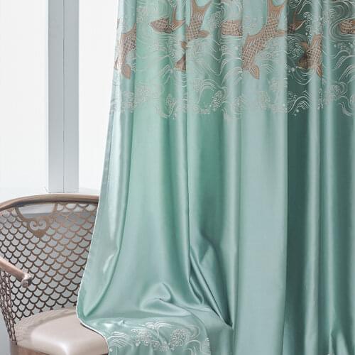 2021 New Chinese Imitation Silk Curtains Finished Products Embroidered Stitching Curtains for Living Dining Room Bedroom