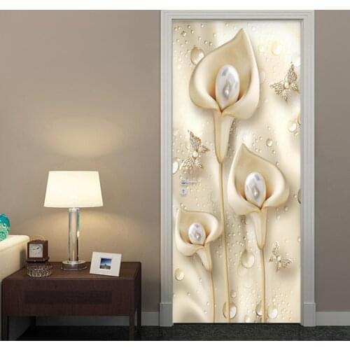 European Style 3D Stereo Flowers Calla Pearl Door Sticker Living Room Bedroom Luxury Home Decor Wall Stickers PVC Wallpaper 3 D